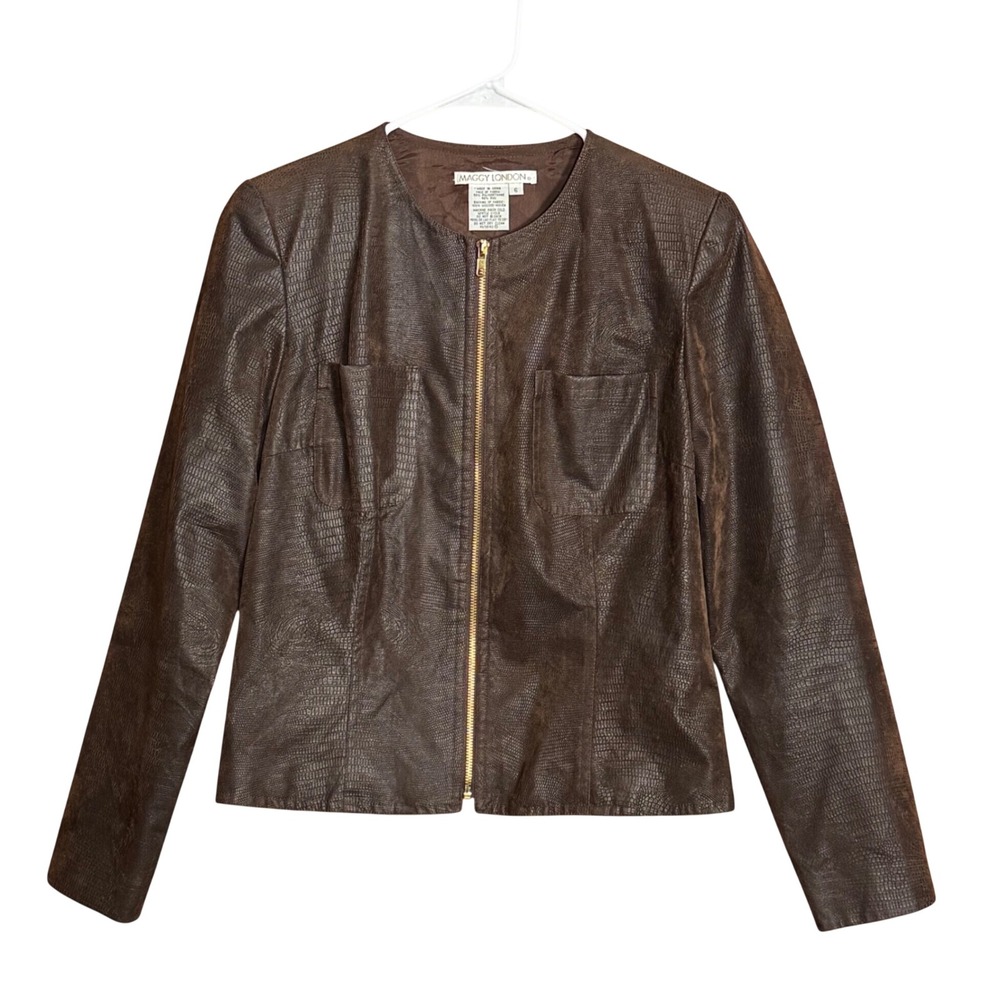 Maggy London Brown Croc Faux Leather Zip Jacket Blazer 6 Chic Mob 80s Vegan Moto